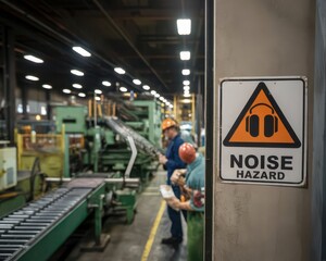 Industrial noise hazard warning sign with workers wearing safety helmets