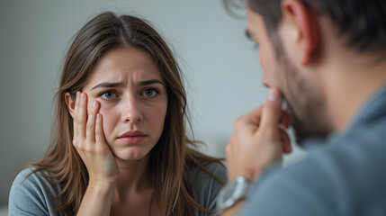 Crying woman suffering from domestic aggression, violence, protecting from tyrant man ready to hit, beat. Nervous husband, tyrant, aggressor, narcissist threatening wife. Relationship difficulties