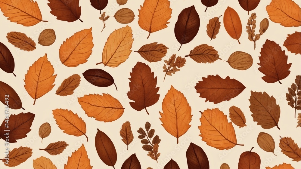 Aufkleber autumn leaves scattered across a neutral background, creating a warm and inviting display. Various shapes and shades of brown and orange contribute to the scene's charm