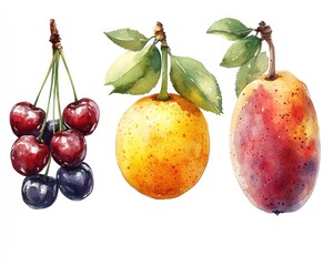 Fototapeta premium Vibrant watercolor illustration of cherries, lemon, and plum with green leaves