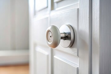 Naklejka premium Architectural Detail: Close-Up White Door Knob, Modern Door Handle, White Door Button, Minimalist Door Hardware, Interior Door Design