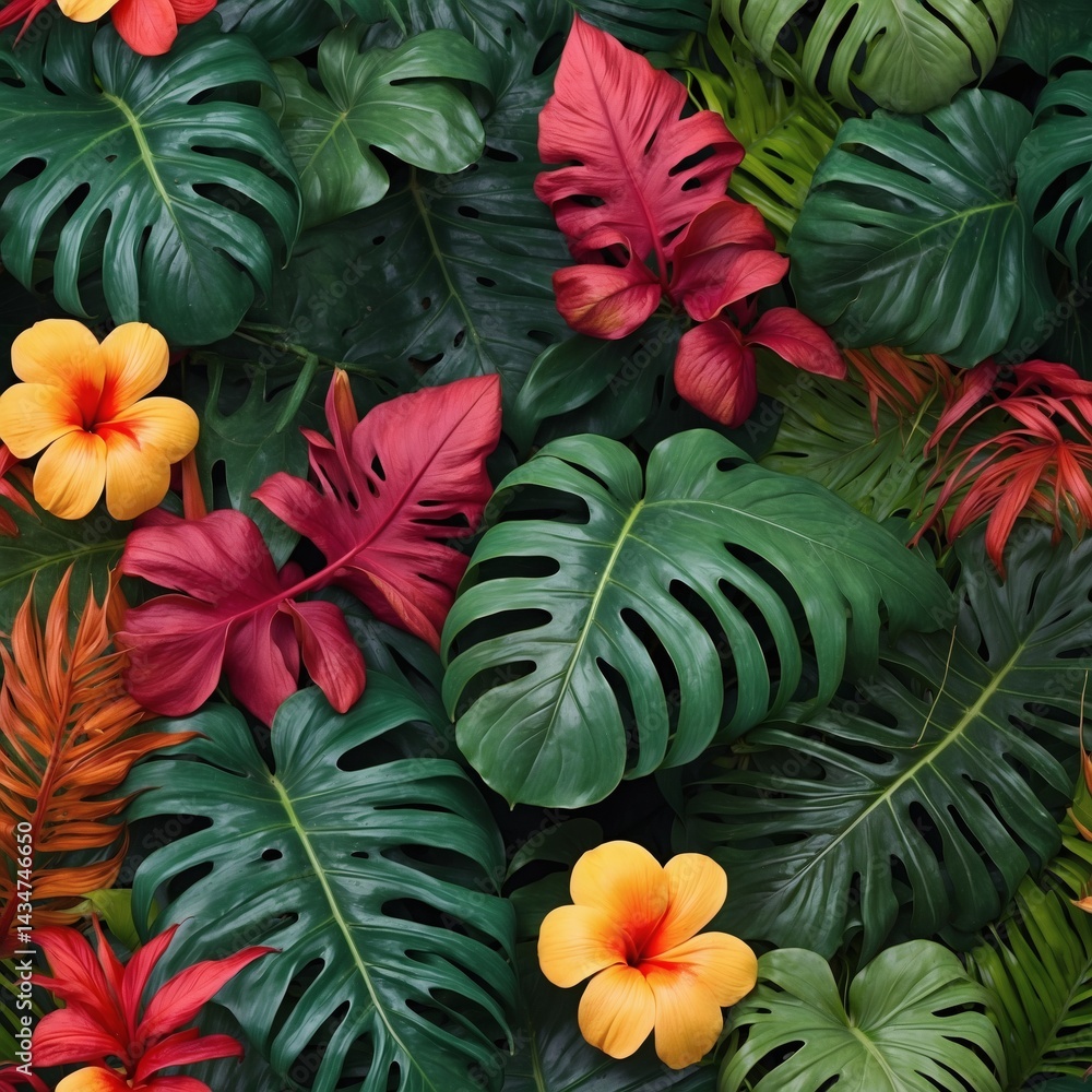 Poster tropical leaves and colorful flowers in vibrant colors create a lush and inviting botanical display