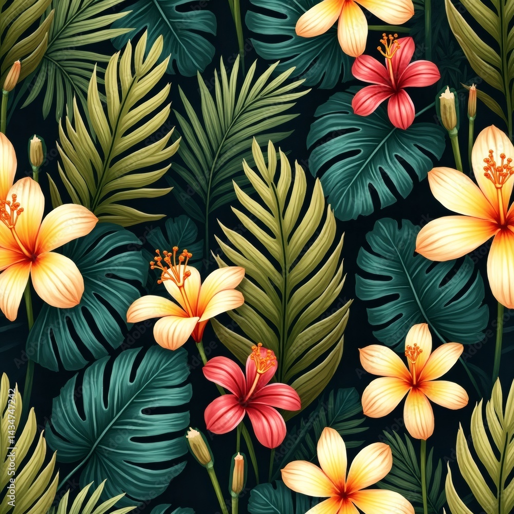 Poster vibrant tropical flowers and foliage in a dense seamless pattern, creating a lush botanical design