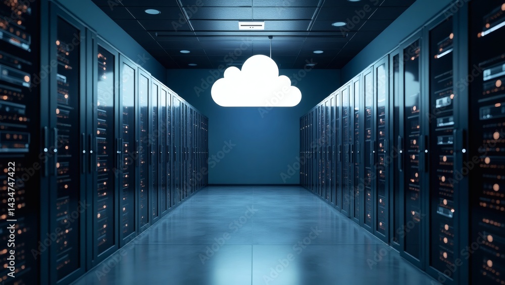 Poster data center with a cloud icon illuminating the scene, featuring rows of servers and advanced technology