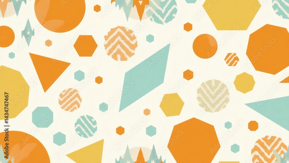 Poster a seamless pattern with geometric shapes in a variety of bright colors. The shapes include circles, triangles, hexagons, and rhombuses, and they are arranged in a random but pleasing way