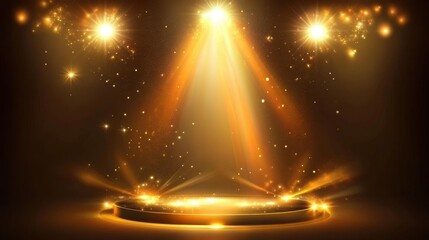 Naklejka premium Golden stage spotlights illuminate a circular platform.