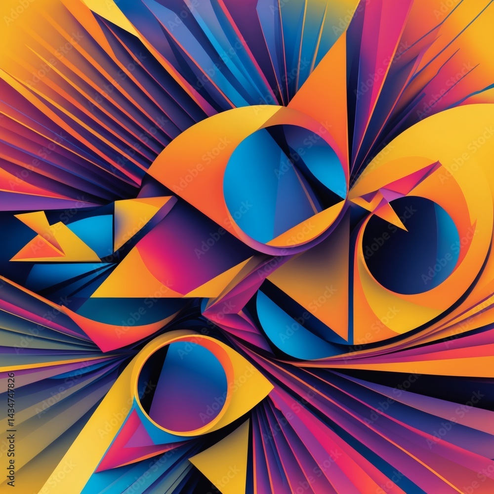 Aufkleber A vibrant abstract composition featuring a colorful geometric design with intricate shapes and forms. The artwork uses a rich palette of colors, creating a visually striking and dynamic image