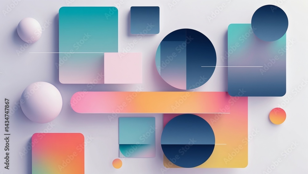 Aufkleber geometric shapes creating a dynamic and colorful composition. The scene showcases a variety of forms and gradients, with a focus on contemporary design