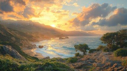 Stunning Rugged Coastline at Sunset with Golden Skies and Lush Greenery