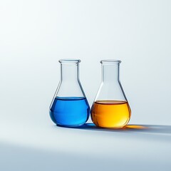 Two Glass Flasks Containing Blue and Yellow Liquids Under Soft Lighting on a White Background For Chemical Research