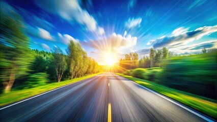 Obraz premium Blurred Speed Road, Blue Sky, Fast Driving, Motion Blur, Highway, Asphalt, Travel, Landscape, Speed, Motion, Drive, Road Trip, Summer, Sky, Clouds, Photography, Blur Effect, 