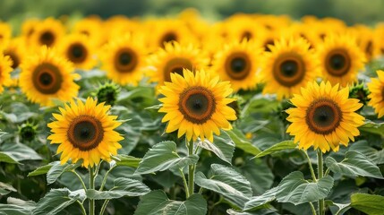 Obraz premium Vibrant Yellow Sunflowers Blooming in a Lush Field Summertime Nature