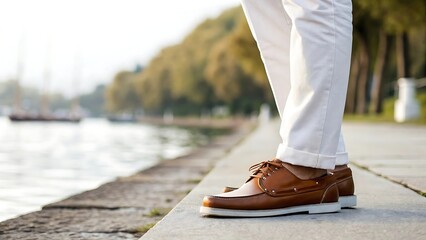 Stylish Brown Leather Boat Shoes with White Pants by the Water
