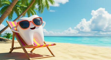 Happy cartoon tooth relaxing on beach chair under palm trees  