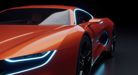 Naklejka premium Sleek orange sports car showcasing modern design against dark background 