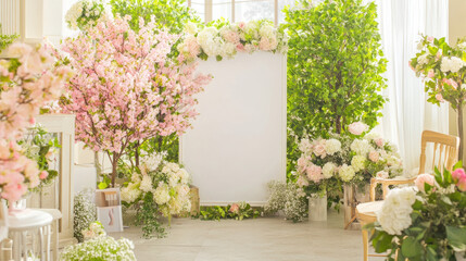A beautifully decorated indoor space filled with vibrant flowers, creating a serene atmosphere for events or photography