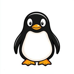 Cartoon penguin with yellow beak and feet standing upright on white background