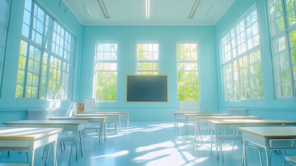 Sunny classroom, desks, windows, learning, school