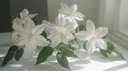 Fototapeta premium Elegant white flowers arranged gracefully on a table by a sunlit window