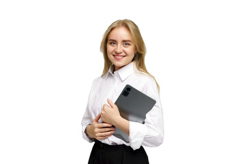 Confident young woman in a white shirt holds a tablet while smiling in a bright indoor setting