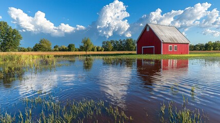 Obraz premium Stunning Rural Landscape Featuring Flood Prevention Systems and a Scenic Red Barn Surrounded by Vibrant Greenery and Lush Water Reflections