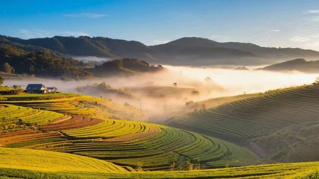 Drone view of terraced hills in a rural countryside with floting clouds