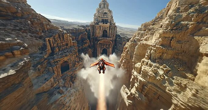 A jetpack pilot soaring above ancient ruins in a dramatic canyon landscape during sunset