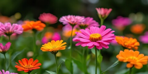 Fototapeta premium Vibrant Pink Orange and Yellow Zinnia Flowers Blooming in a Garden A Close Up Shot of Summer Flowers