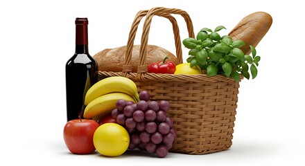 Picnic Basket Filled with Food Items Like Bread and Fruit