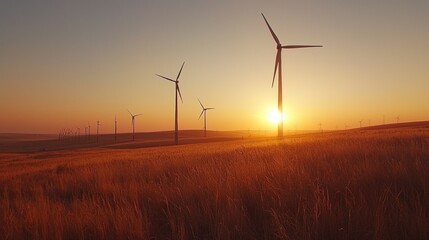 Obraz premium Scenic Rural Landscape with Wind Turbines at Sunset, Showcasing Sustainable Energy Projects in Natural Environment