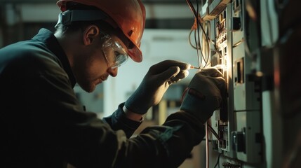 Focused electrician repairs electrical panel in a dark industrial setting.