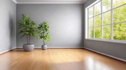 Empty room with potted plants and a large window.