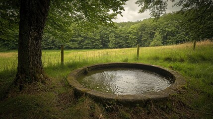Fototapeta premium Serene Rural Water Recycling System Surrounded by Lush Greenery and Trees in a Quaint Countryside Setting