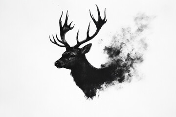 Black and white deer art, print, stag illustration, animal graphic design, wildlife artwork, smoke effect.