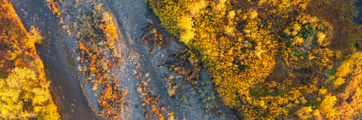 Top view of a small river and trees. Beautiful autumn panoramic aerial photo. Fall season. Natural background. Great for design.