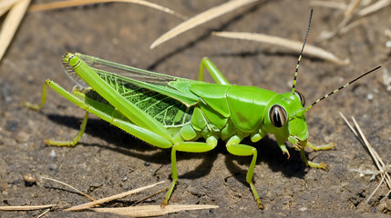 Freshly molted bright green short horned grasshopper, Acrididae spp. Exoskeleton is visible in upper right corner. Undeveloped wings indicate this is still a nymph. Vertical