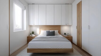 Modern minimalist bedroom interior design with wooden bed and white built in wardrobes