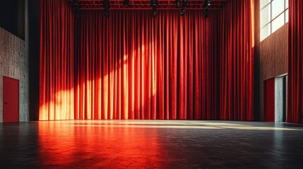 Fototapeta premium Empty Stage with Red Curtains and Dramatic Lighting in Modern School Auditorium Space