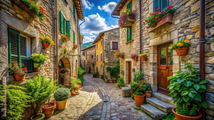 Fototapeta premium Baciafemmine Vicolo Scheggino Italy: High-Resolution Photo, Charming Alleyway, Umbria, Italian Village, Stone Buildings, Picturesque Street