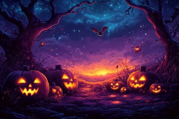 Halloween pumpkins path sunset spooky background