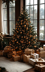 Obraz premium Elegantly Decorated Christmas Tree by a Window with Soft Light