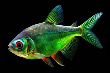 Fototapeta premium Black Tetra Fish, Gymnocorymbus ternetzi, Aquatic Life, Green Fish, Black Background, Nature Photography, Underwater World, Fish Portrait, High Resolution, Landscape Photography