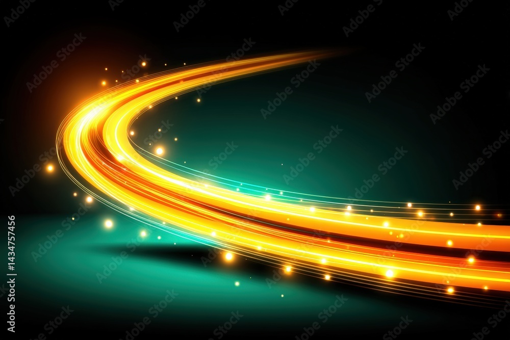 Poster vibrant light trails against a dark background creating a dynamic effect.