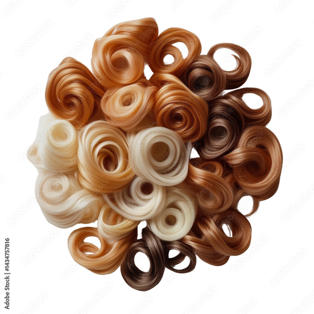 Poster delicate curl composition showcasing a gradient of warm hair tones elegantly arranged