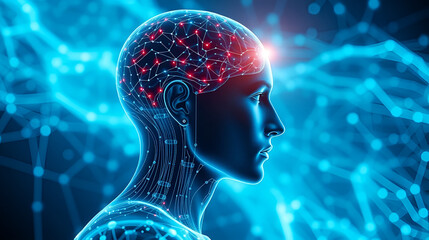 Obraz premium Futuristic Digital Human Profile Displaying Neural Network Brain Activity Symbolizing Advanced Video Technology in a Networked World