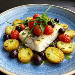 A piece of baked cod is served with roasted potatoes, cherry tomatoes, and olives on a blue plate