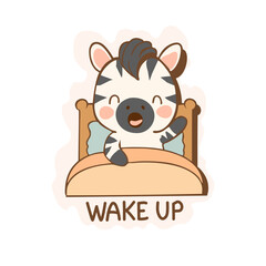 Zebra cute character in the bed, cute cartoon animals morning wake-up routine 