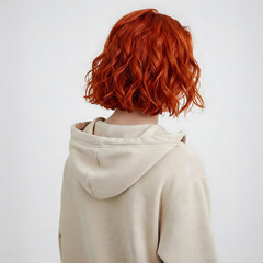 A young woman with short, wavy red hair wears a light-colored hoodie from the back
