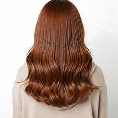 The back view of a young adult female with long wavy reddish-brown hair against a plain background