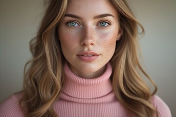 Beautiful woman with natural makeup, blonde hair, and blue eyes wearing a pink sweater, gazing into the camera with soft lighting and neutral background for fashion portrait.
